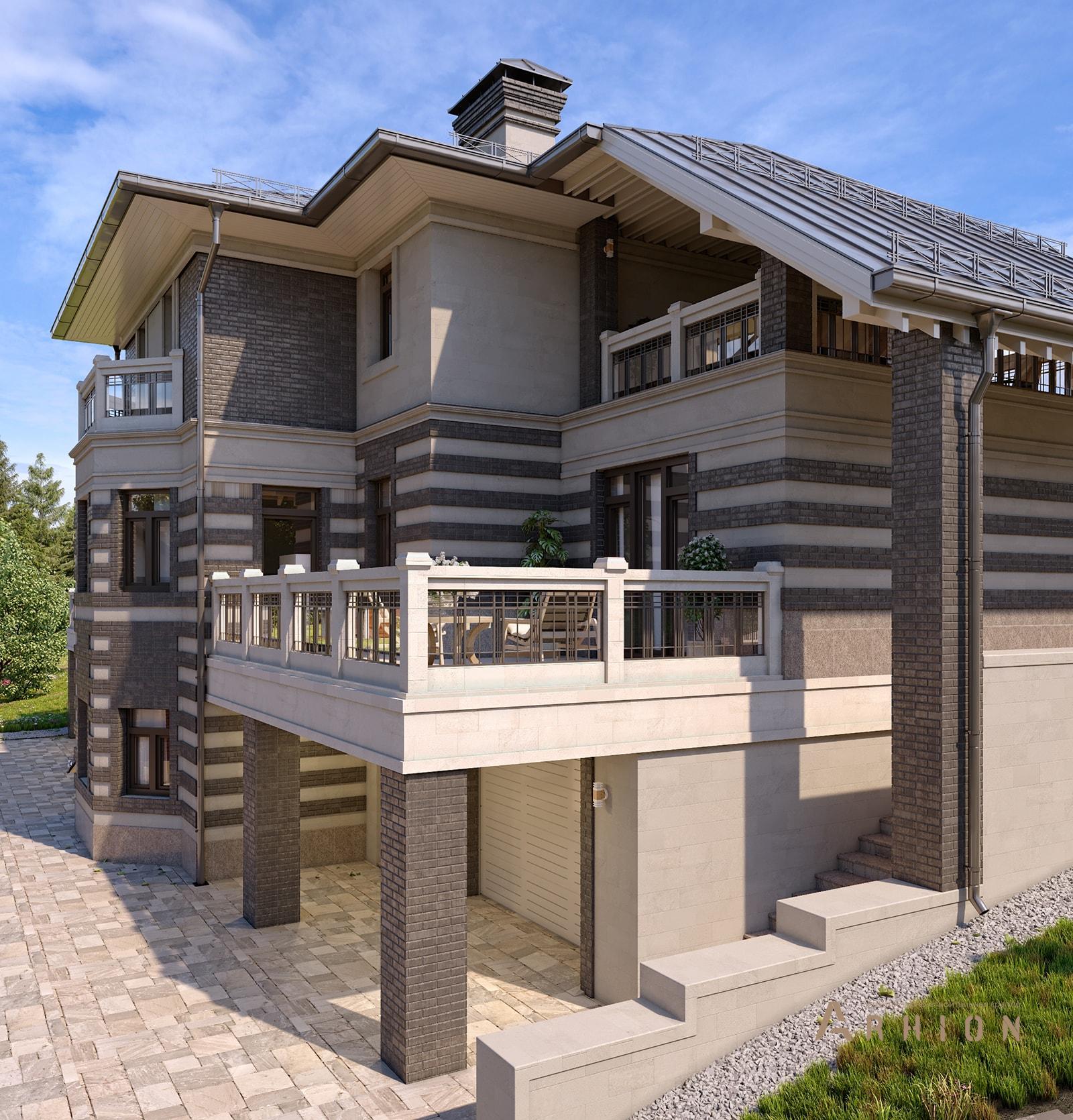 8. Проект двухэтажного дома в современном стиле с многоскатной кровлей, av-500, площадью - 500 кв c цокольным этажом, терассой, балконом, гаражом, эркером